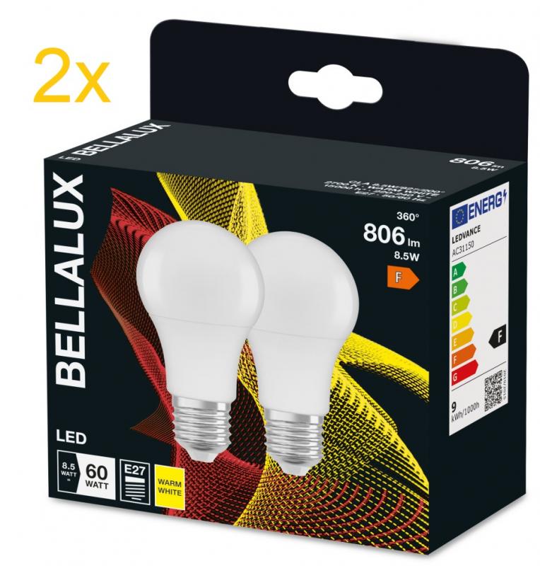 Aktion: Nur noch angezeigter Bestand verfügbar - 2er Pack BELLALUX E27 LED Glühlampe mattiert 8,5W wie 60W warmweißes Licht